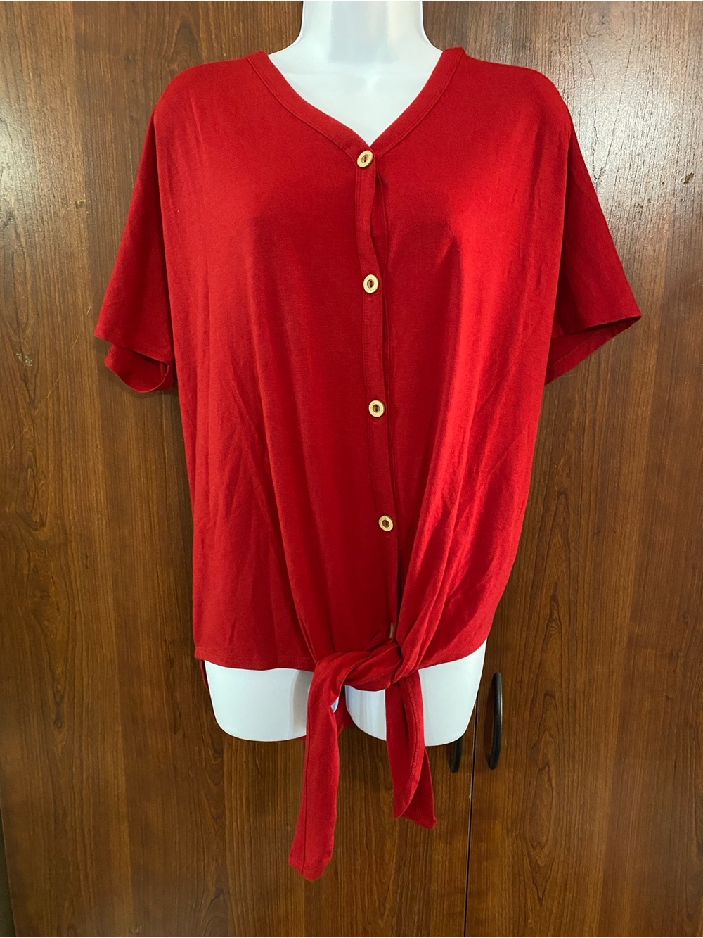 Zenana Premium Red Button-Front Tie Hem Women's Top